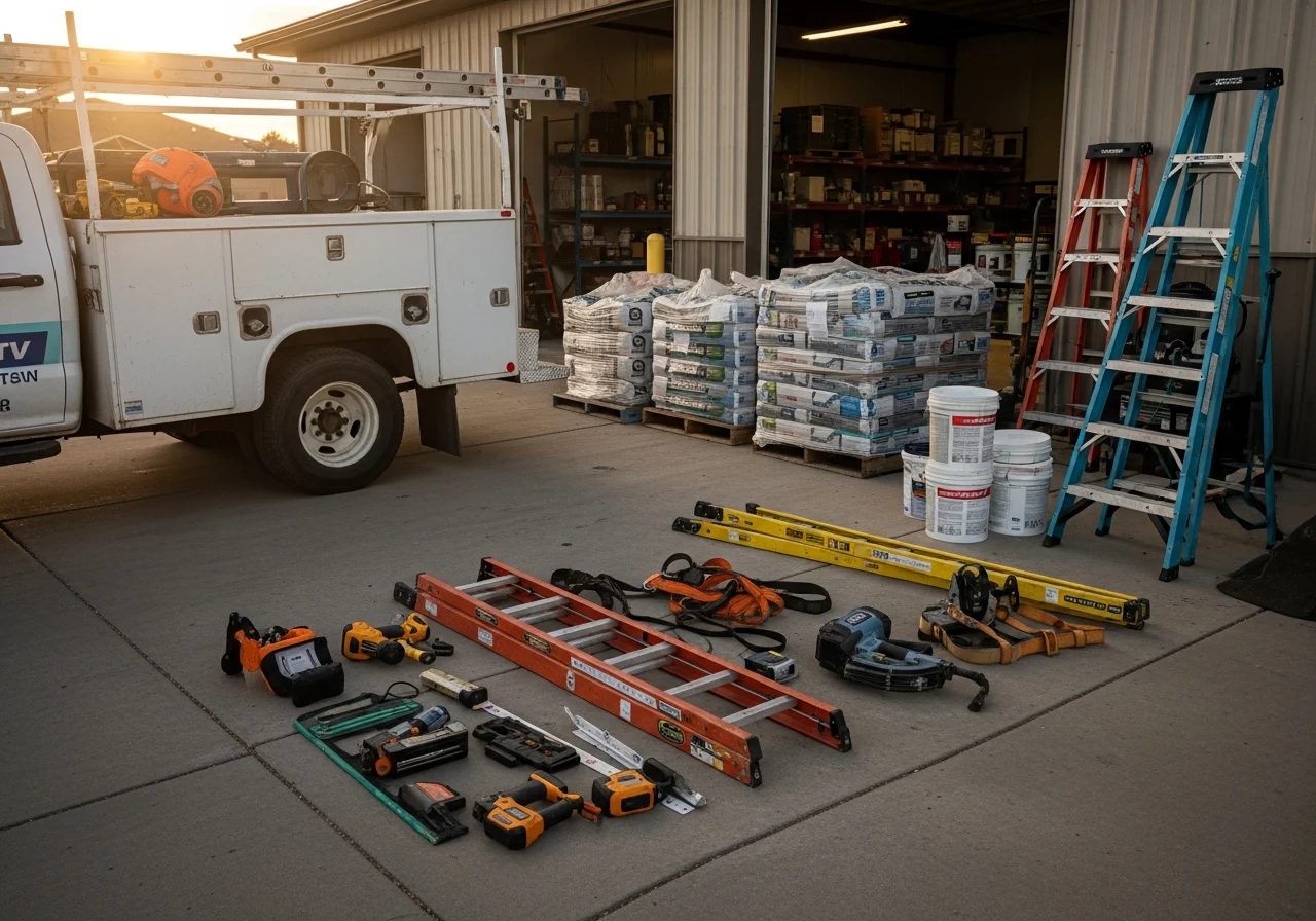 Roofing crew with tools and equipment ready for residential restoration work.