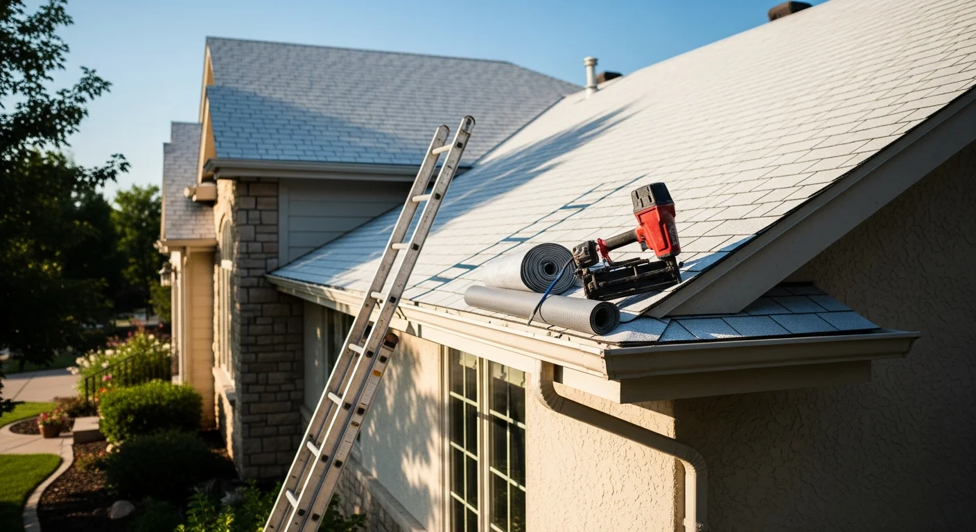 Roofer installing new shingles on residential home