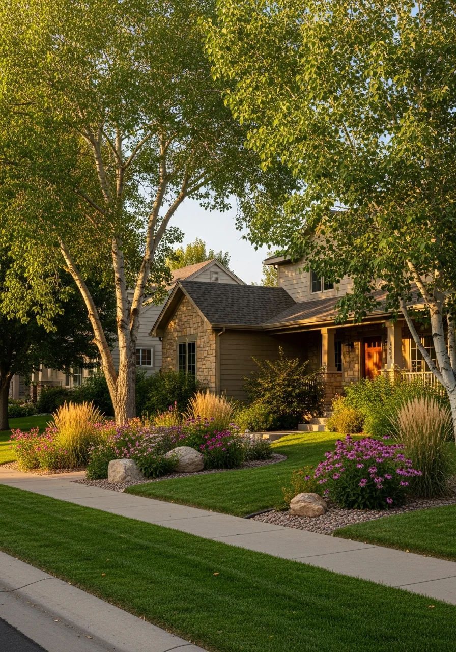 Close-up of a residential property in a Northern Colorado neighborhood with mature trees and well-maintained landscaping.