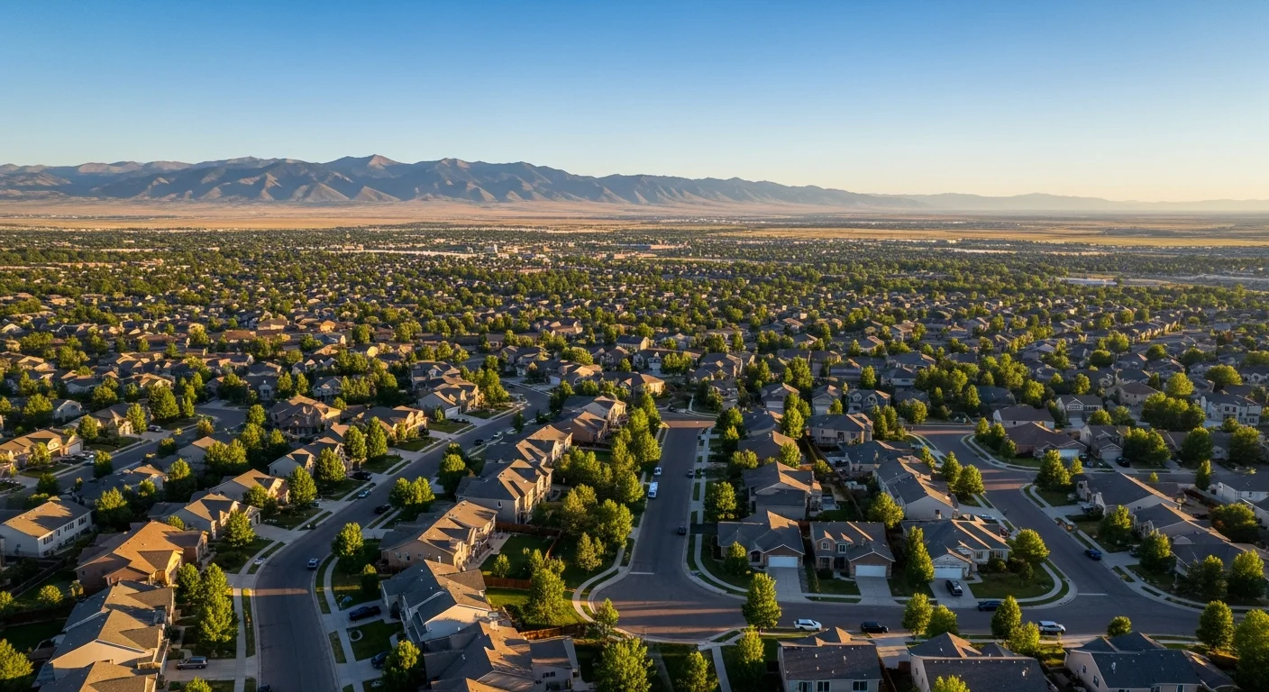 Aerial view of Northern Colorado's Front Range showing mountain foothills, suburban neighborhoods, and plains landscape under clear blue sky.