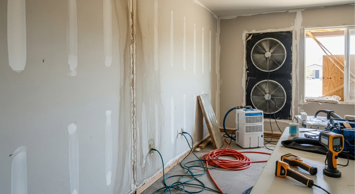 A Northern Colorado home interior showing a restoration crew extracting standing water from a flooded basement after a storm event. Drying equipment is staged near water-damaged drywall and flooring.