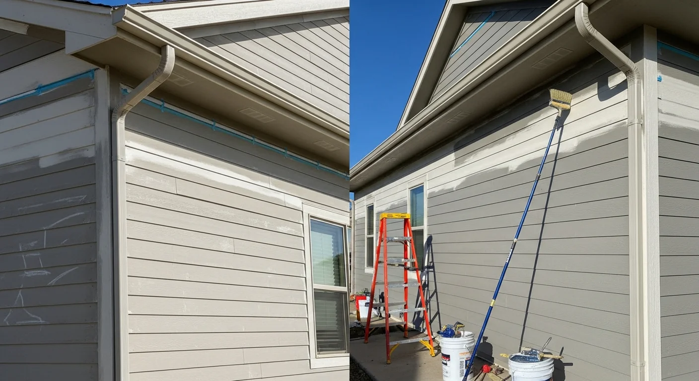 A freshly coated two-story home exterior in Northern Colorado with clean siding, sealed trim, and no visible peeling or weathering. The finished surface shows even color coverage across all elevations of the home.