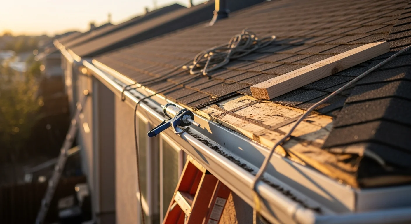 Close-up of a repaired fascia board along the roofline of a Northern Colorado home, showing clean board edges, sealed seams, and properly reset gutters. The finished roofline sits flush against the eaves with no visible rot, gaps, or sagging.