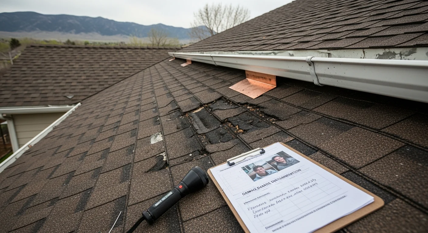 A Northern Colorado home roof showing hail impact marks on shingles and dented gutter sections after a spring hailstorm. A restoration contractor inspects the exterior damage up close during a post-storm assessment.
