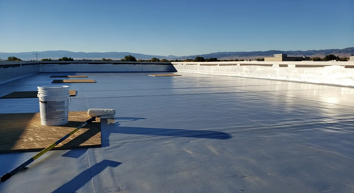 A flat rooftop in Northern Colorado after a reflective coating application, showing a clean, uniform white surface with no visible seams or ponding areas. A roofing contractor from Forever Home RR LLC is visible completing the final inspection along the roof edge.