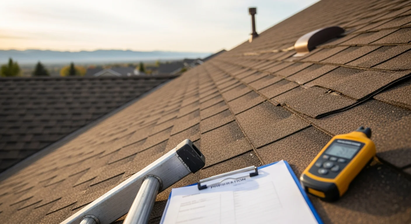 A roofing contractor from Forever Home RR LLC inspecting shingles and flashing on a residential roof in Northern Colorado. Close-up view shows granule loss and weather wear consistent with hail and wind exposure common to the region.