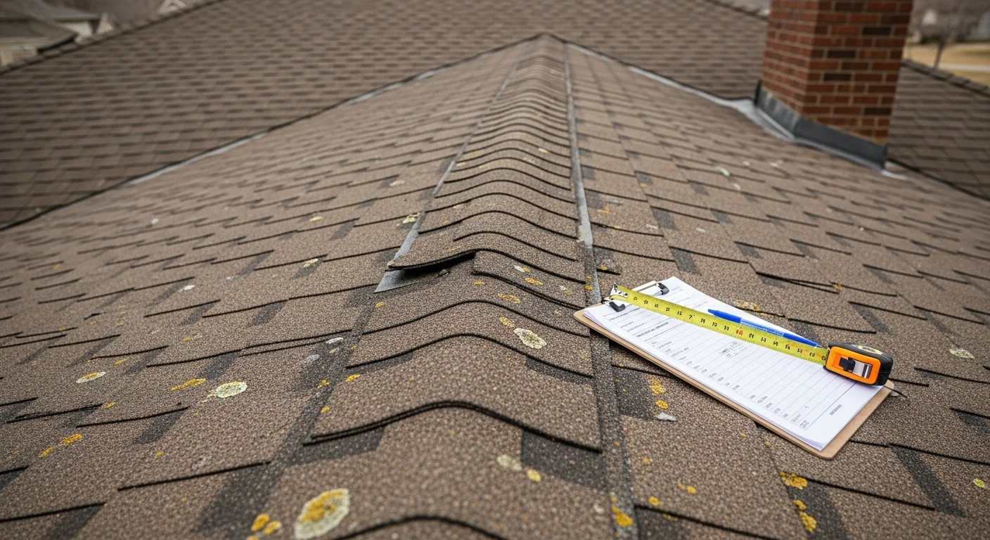 A Forever Home RR LLC roofer inspecting storm-damaged shingles on a residential home in Northern Colorado. Close-up view shows hail bruising and granule loss on the roof surface.