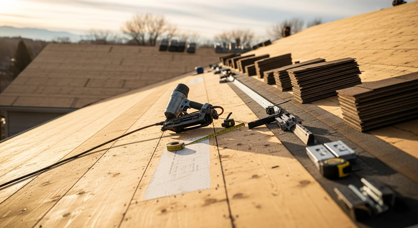 A Northern Colorado home with a freshly completed roof replacement, showing new shingles installed over a full tear-off on a residential pitched roof. A Forever Home RR LLC crew works on the final ridge installation against a clear Colorado sky.