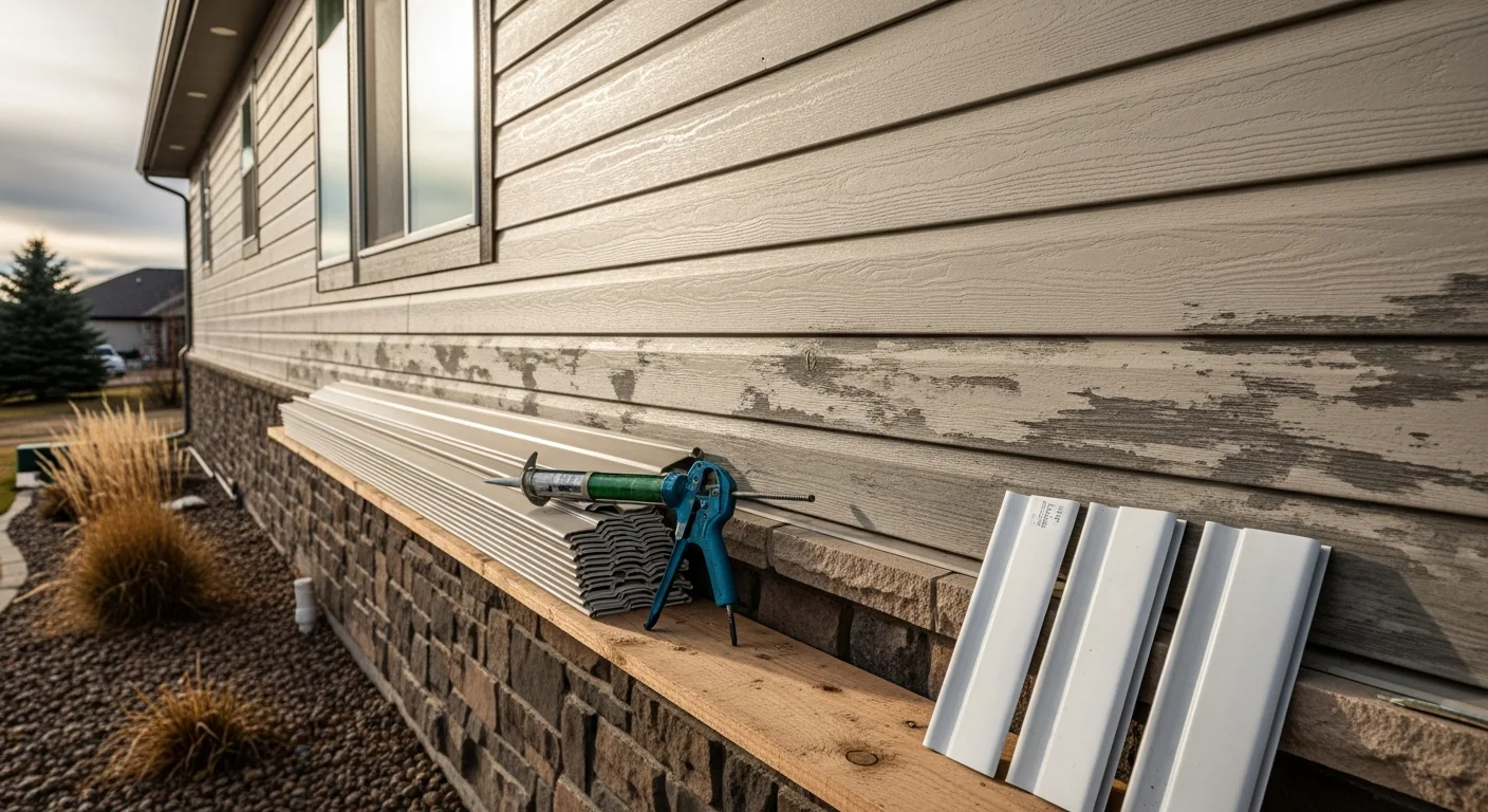 Restored exterior siding on a Northern Colorado home showing repaired panels and consistent color across all elevations. Close-up view highlights tight seams and flush panel alignment after hail and UV damage restoration.