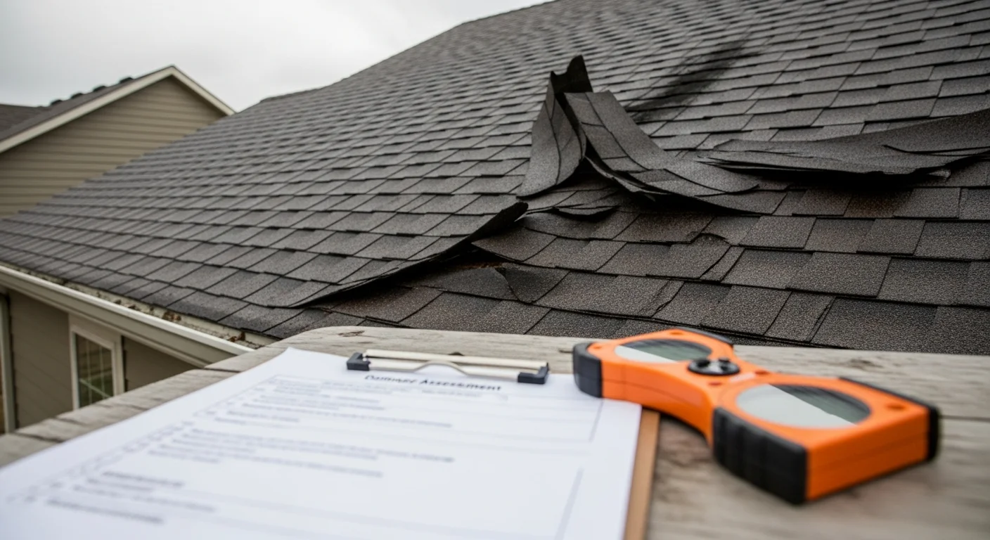 A restoration professional inspecting a residential roof in Northern Colorado for hail impact marks and granule loss after a severe storm. Close-up view of shingle surface showing storm damage assessment in progress.