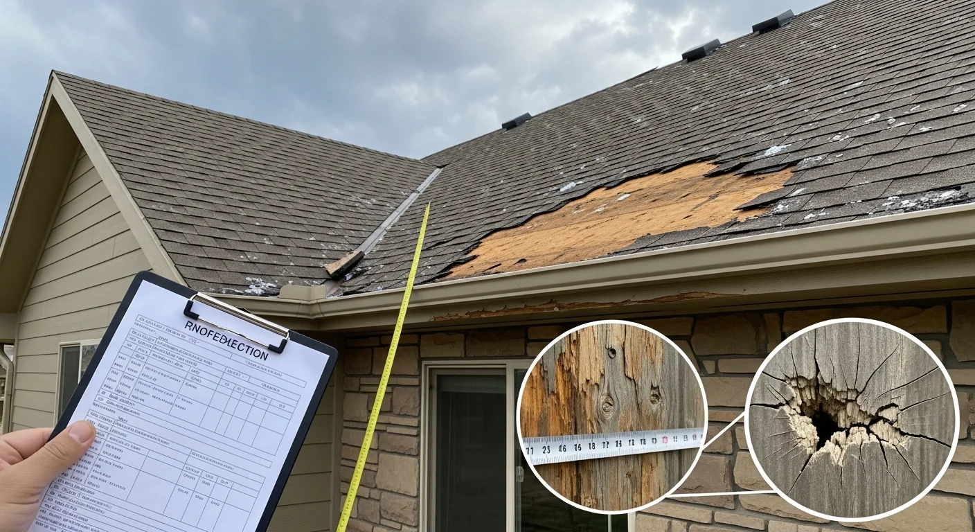 A Northern Colorado home exterior showing hail-damaged siding and dented gutters being inspected by a contractor after a storm. Close-up view of cracked siding panels and granule loss on roof shingles visible from the roofline.