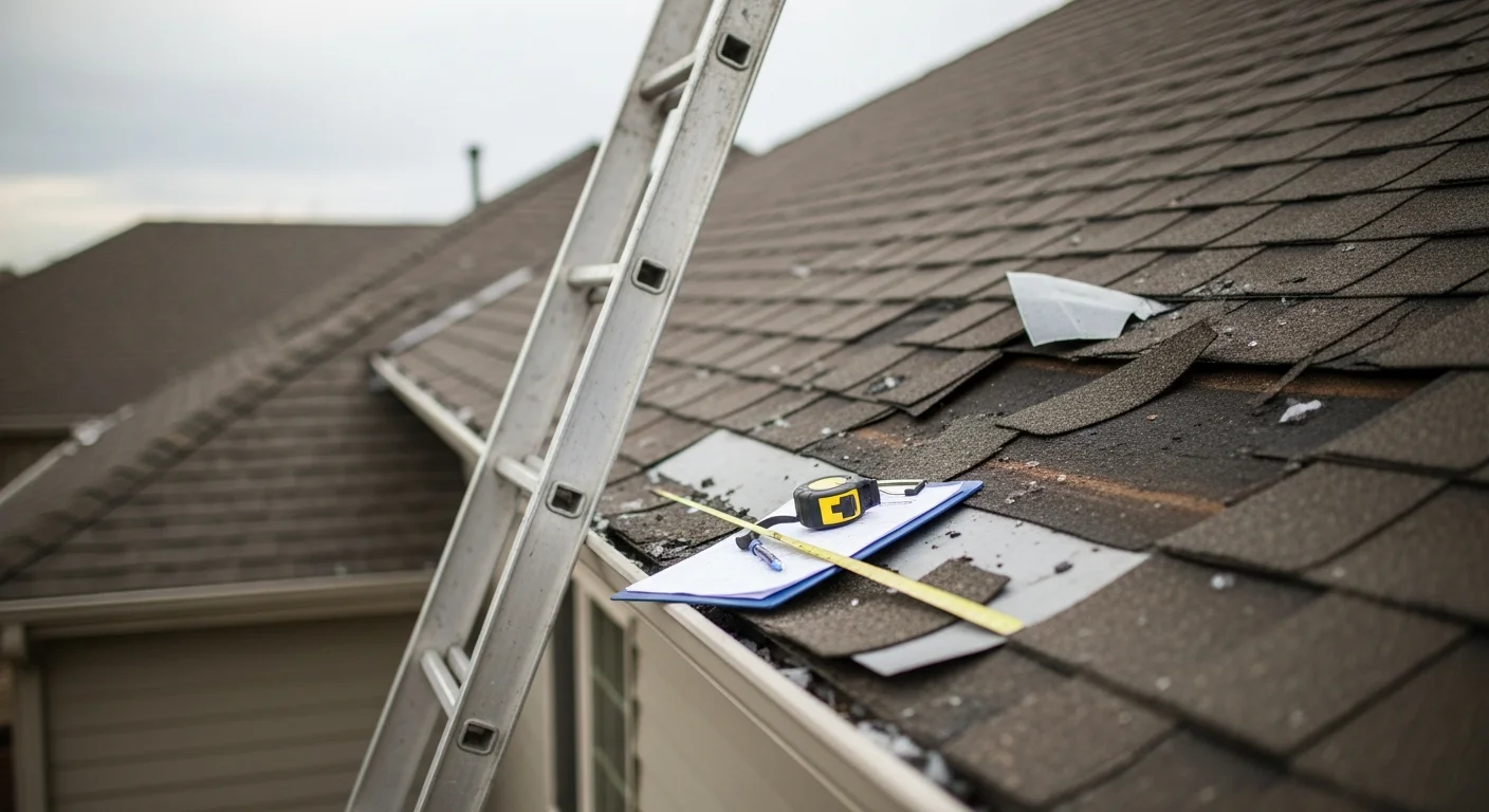 A Northern Colorado residential roof showing hail impact damage with granule loss on shingles and dented metal flashing along the ridge. A restoration technician from Forever Home RR LLC inspects the surface following a severe storm.