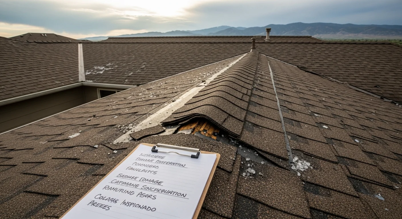 A Northern Colorado residential roof showing hail impact marks and displaced shingles along the ridge line after a spring storm. A roofing contractor from Forever Home RR LLC inspects the damage from the roof surface.