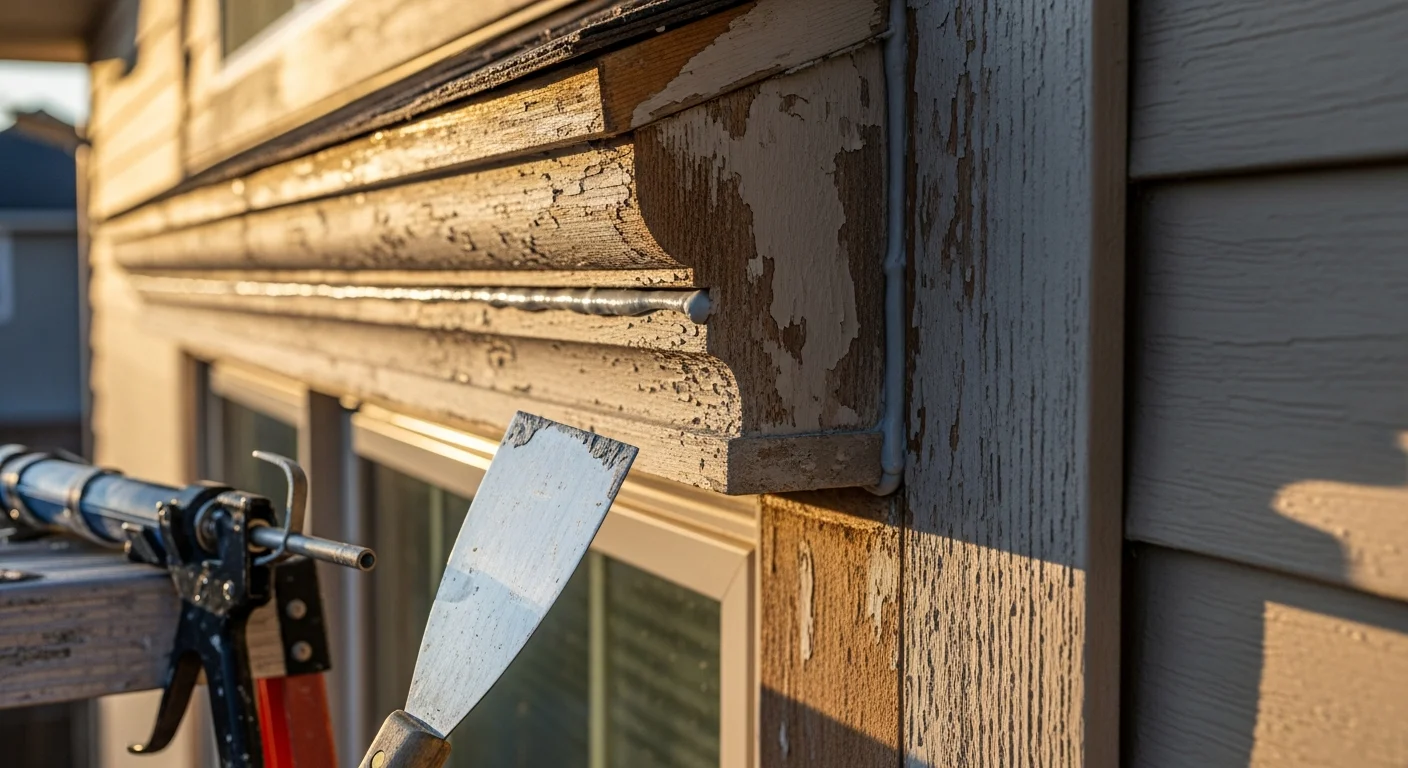 Restored exterior trim around a window on a Northern Colorado home, showing clean caulk lines, fresh finish, and no visible cracking or paint separation. The repaired fascia and window casing contrast clearly against the home's siding in a residential neighborhood setting.