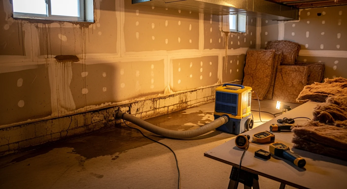 A restoration technician assessing water-damaged drywall and flooring inside a Northern Colorado home. Moisture meters and drying equipment are visible in the background.